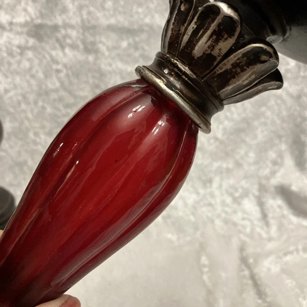 Lot of 2 Pillar Candle Holders, Red Ornate Glass Art Deco & Antiqued Brown Wood